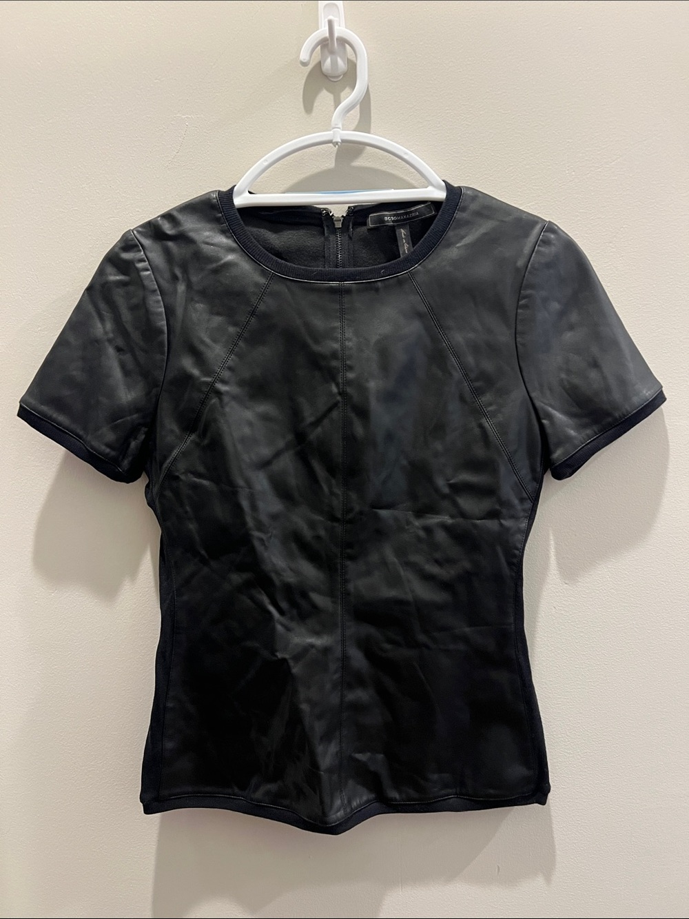BCBG Maxazria Black Short-Sleeve Faux Leather Top